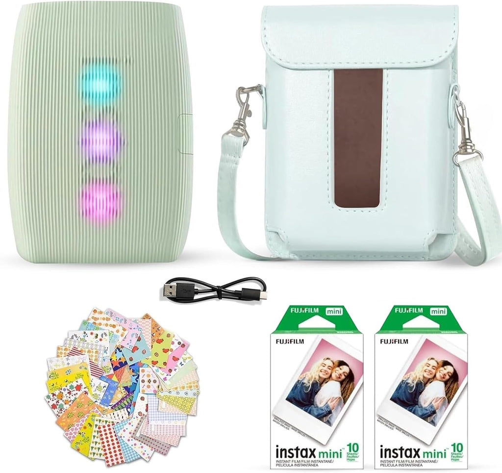Fujifilm Instax Mini Link 3 Smartphone Printer Sage Green + Fuji Film Value Pack (20 Sheets)+ Shutter Accessories Bundle, Incl. Protective Case, 20 Sticker Frames, USB Type C Cable