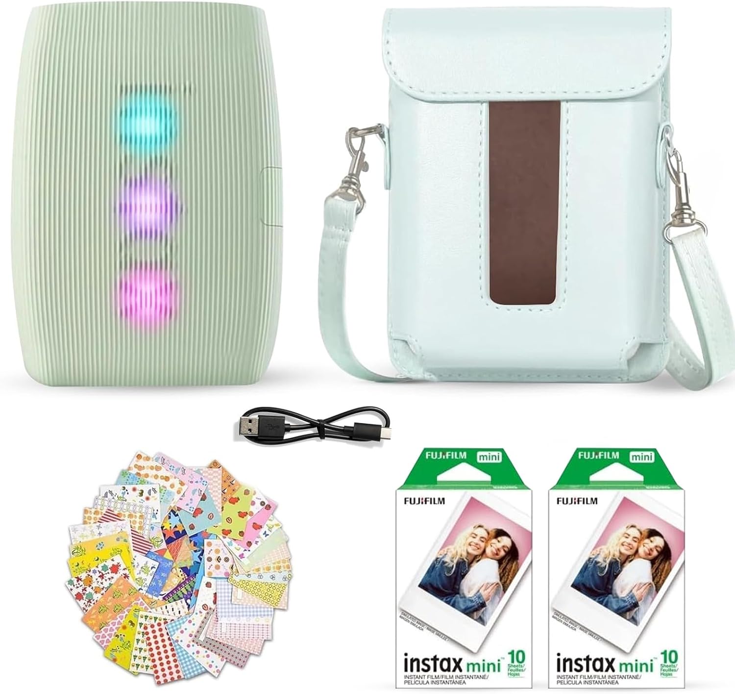 Fujifilm Instax Mini Link 3 Smartphone Printer Sage Green + Fuji Film Value Pack (20 Sheets)+ Shutter Accessories Bundle, Incl. Protective Case, 20 Sticker Frames, USB Type C Cable