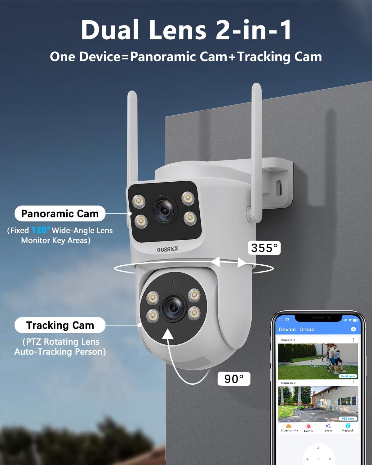 OOSSXX (2026 New) Dual Lens Wireless Security Camera System 4MP, 16CH WiFi NVR with 2 Cameras, 4 Antennas 55% Longer Range, Fixed + PTZ, Free App No Monthly Fee