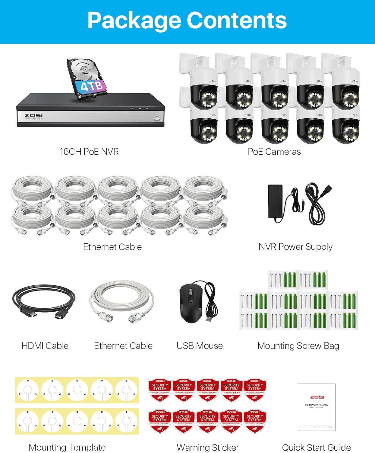 ZOSI 16 Channel 4K PoE Security Camera System with AI Face Person Vehicle Detection, 10 x 5MP 3K Outdoor Auto Tracking PT PoE IP Camera with 5X Digital Zoom, 2-Way Audio, 4TB HDD for 24/7 Recording