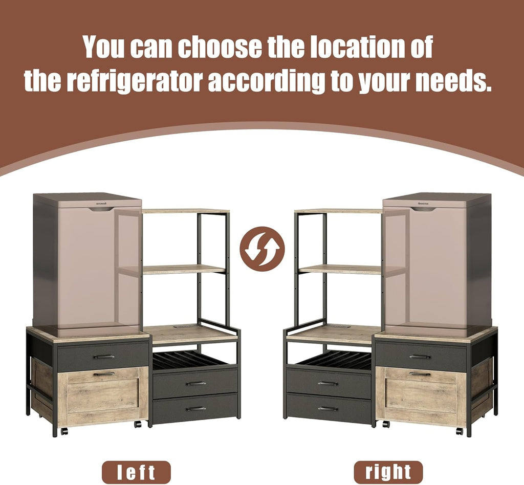 Herture Mini Fridge Stand with Wine Rack, Kitchen Bakers Rack with Power Outlet, Microwave Oven Stand, Coffee Bar, Movable Drawers, for Dorm,Office, Grey HB04BXZ