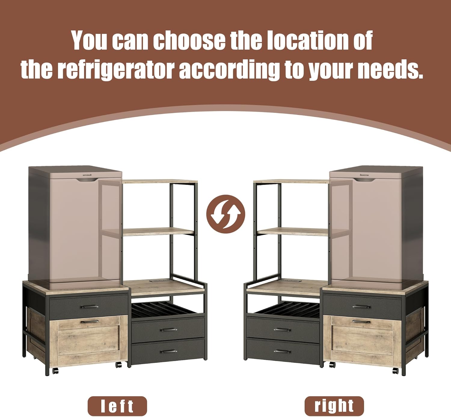 Herture Mini Fridge Stand with Wine Rack, Kitchen Bakers Rack with Power Outlet, Microwave Oven Stand, Coffee Bar, Movable Drawers, for Dorm,Office, Grey HB04BXZ