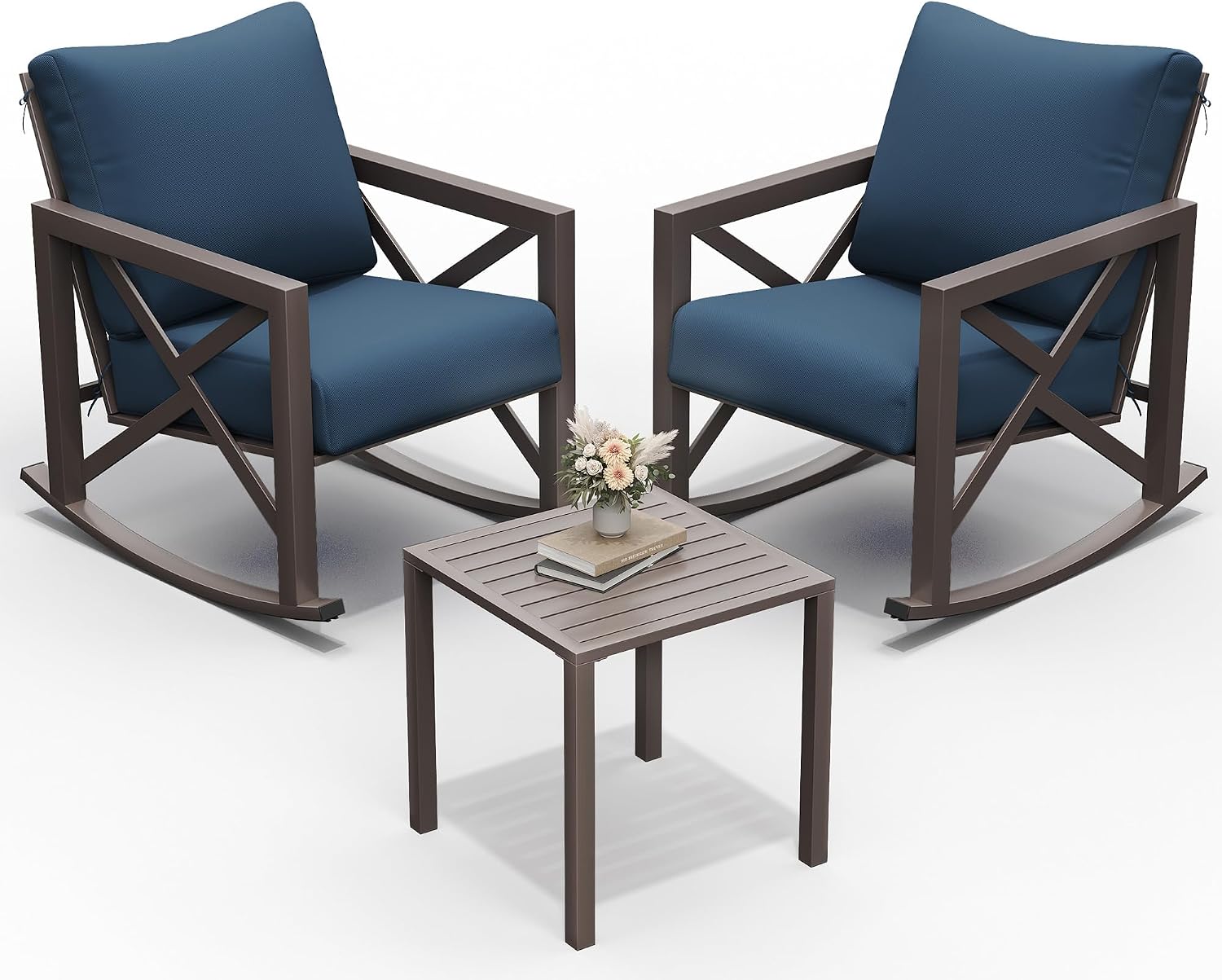UDPATIO Rocking Chair Outdoor Set 2 with Coffee Table, 3 Piece Metal Rocking Bistro Set with 6.5' Water-Resistant Cushions, Oversized, 350lbs Heavy-Duty, for Porch, Patio, Balcony, Navy