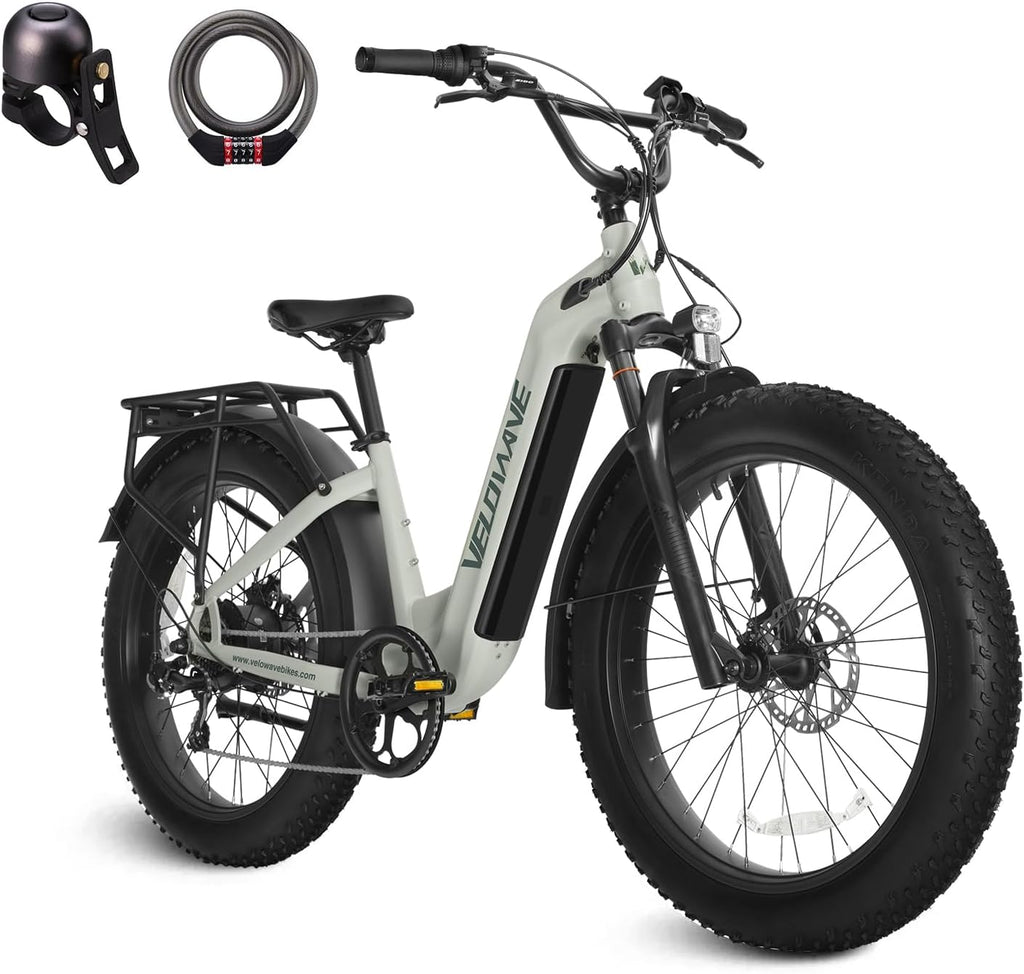 VELOWAVE Electric Bike 26' Fat Tire Ebike Peak 1200W Motor Electric Bike for Adults with 47.97V 14.4AH Removable LG Cell Battery Step-Thru E Bike up to 32MPH UL 2849 Certified with Lock& Bell