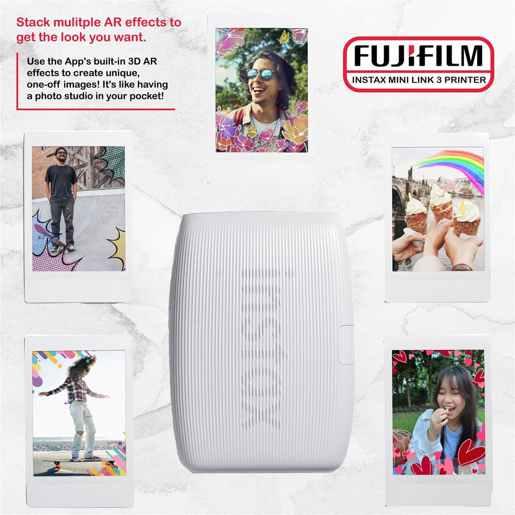 FUJIFILM INSTAX Mini Link 3 Smartphone Printer Bundle with Fujifilm Instax Mini Film (20 Sheets), Hanging Photo Frames, Table top Photo Frame for Mini Film (Clay White)