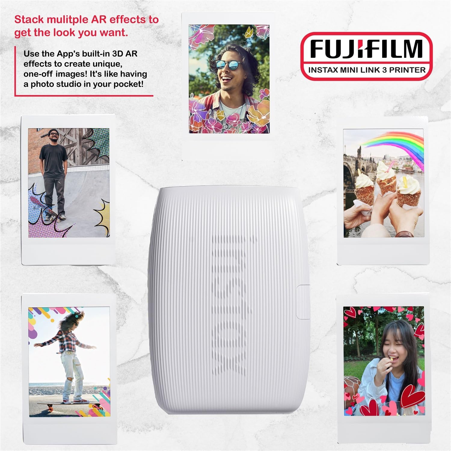 FUJIFILM INSTAX Mini Link 3 Smartphone Printer Bundle with Fujifilm Instax Mini Film (20 Sheets), Hanging Photo Frames, Table top Photo Frame for Mini Film (Clay White)