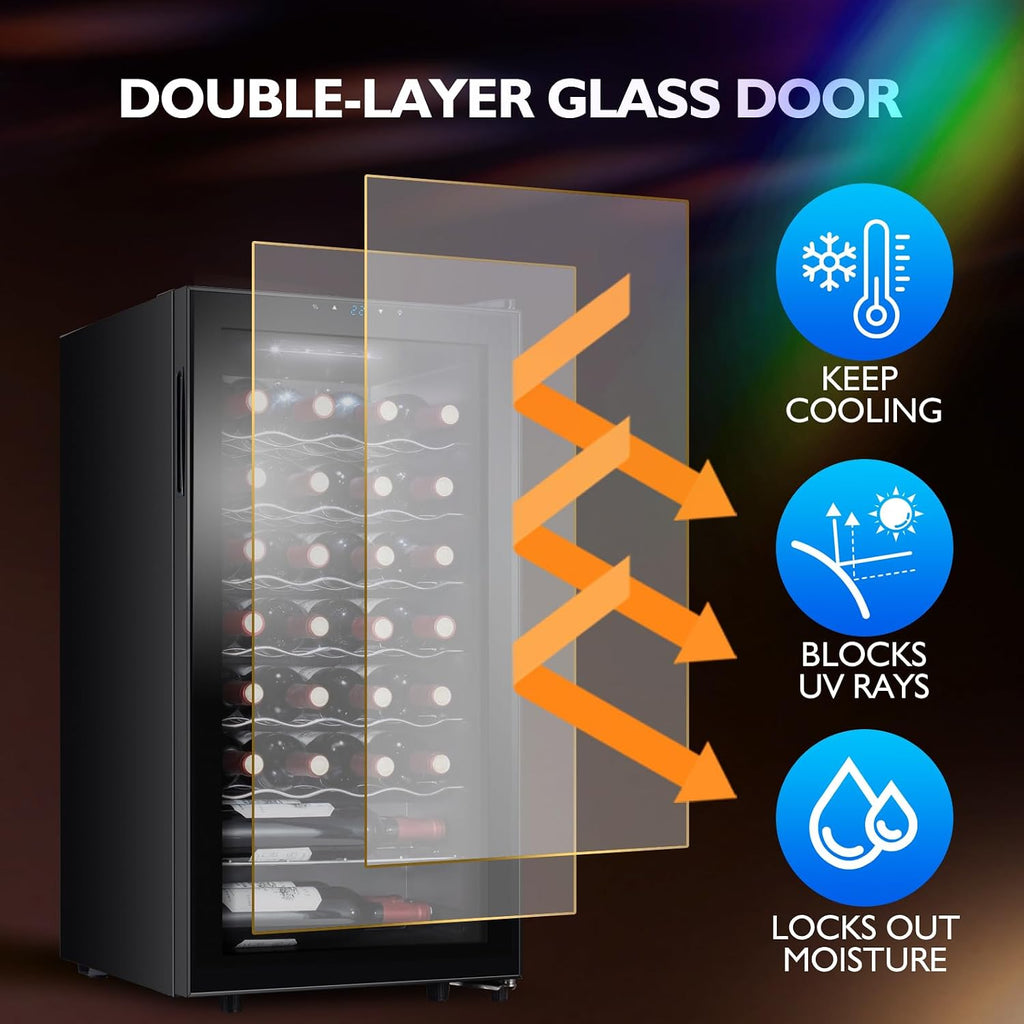 28 Bottle Compressor Wine Cooler Refrigerator, Small Freestanding Wine Fridge for Red, White and Champagne, Mini Fridge with 40-66F Digital Temperature Control Glass Door