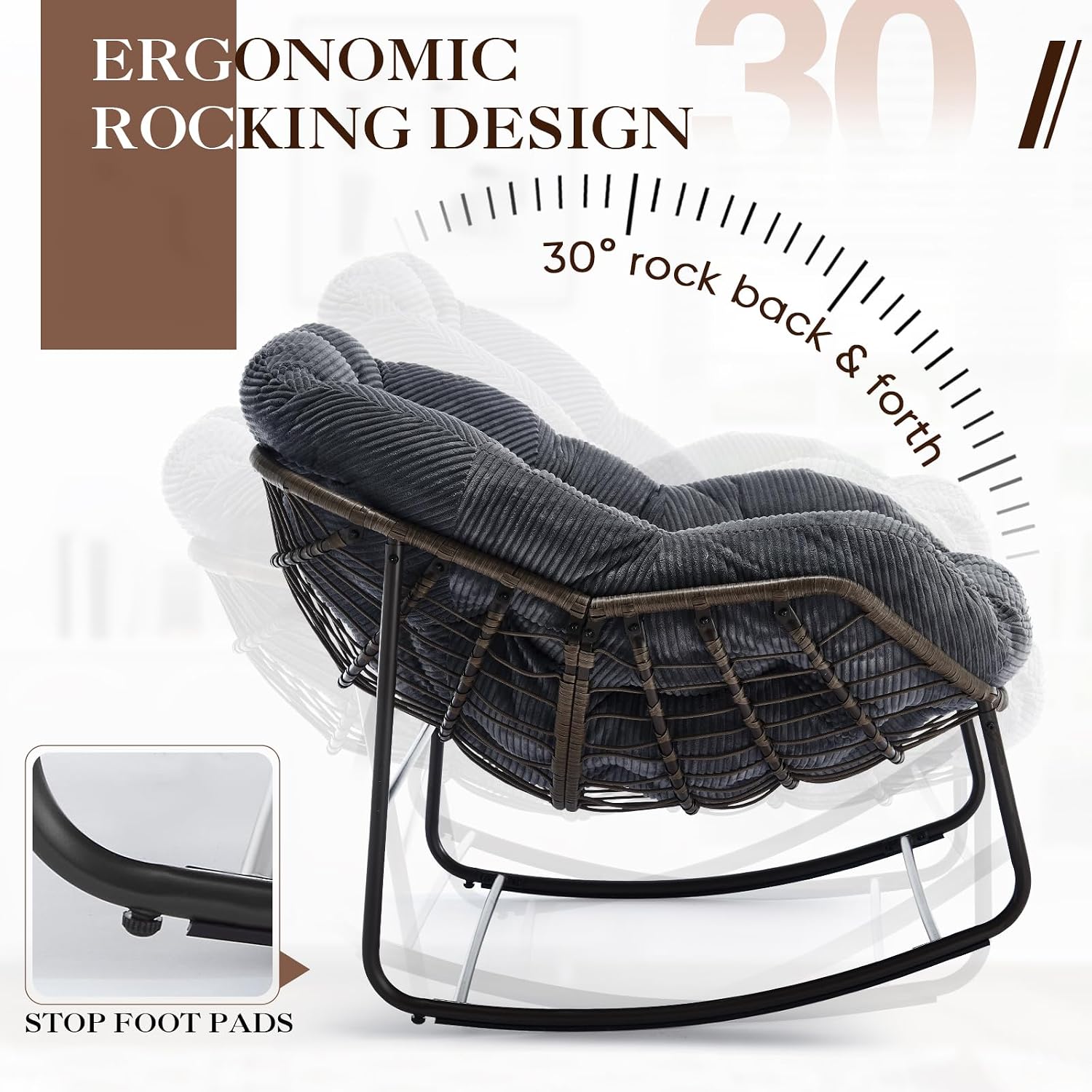 Oversized Indoor Rocking Chair, Comfy Corduroy Rocking Papasan Chair with Thick Cushion and Frame, Large Wicker Rocker Egg Chair Reading Chair for Living Room, Bedroom, Lounge,Balcony,Grey