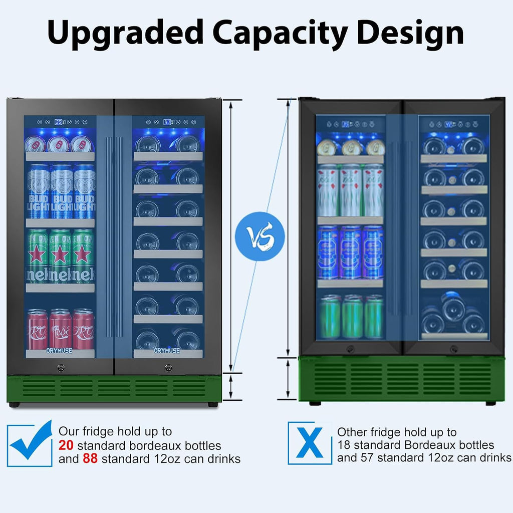 24' Dual Zone Wine & Beverage Refrigerator – Under Counter Cooler with Upgraded Cooling & Blue LED Light, Hold 20 Bottles and 88 Cans Large Capacity Wine Fridge, Built-In or Freestanding – Black