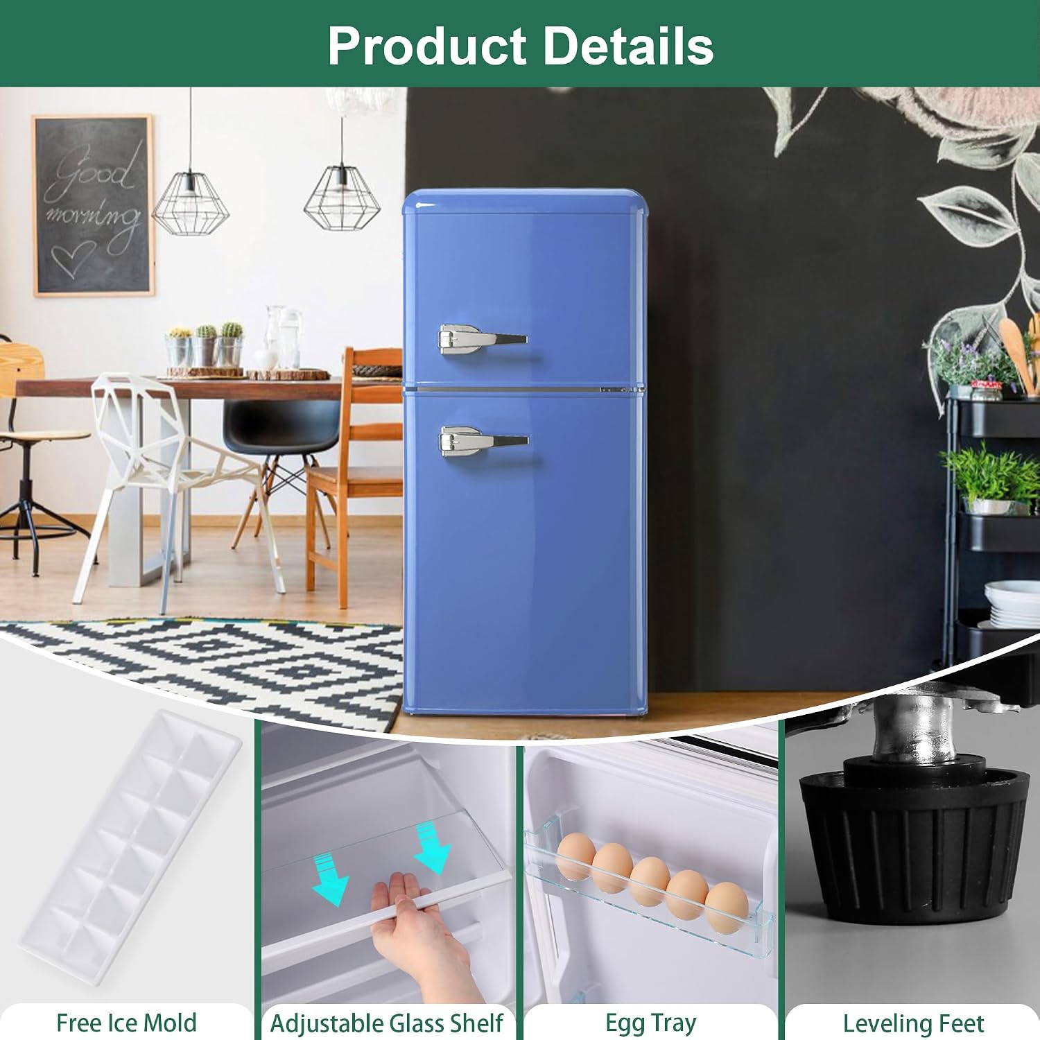 Retro Mini Fridge with Freezer 4.0 Cu. Ft, Small Refrigerator with 7 Level Adjustable Thermostat, Compact Classic Dual Door Fridge Removable Glass Shelves for Apartments, Dorm, Office, Blue