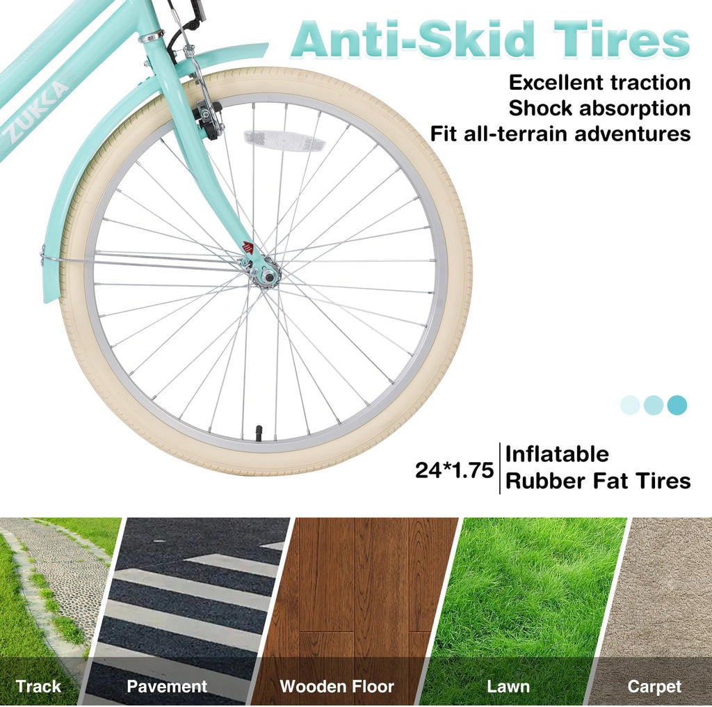 24 Inch Girls Bike ，Girls Bike with Basket for 10+ Years Old Kids，No Training Wheels Included ，Single Speed,Multiple Colors