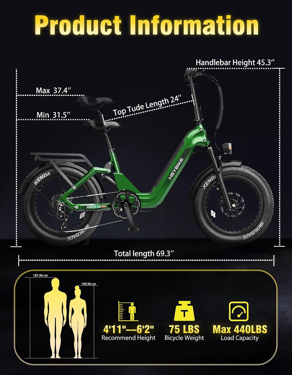 Heybike Ranger Foldable Electric Bike for Adults, 1200W/1800W Peak Motor, 28/32MPH E Bike, 55/90 Miles Range, 20'x4.0' Fat Tire Ebike with Removable Battery, Hydraulic Brakes for Snow, Beach,Commuting