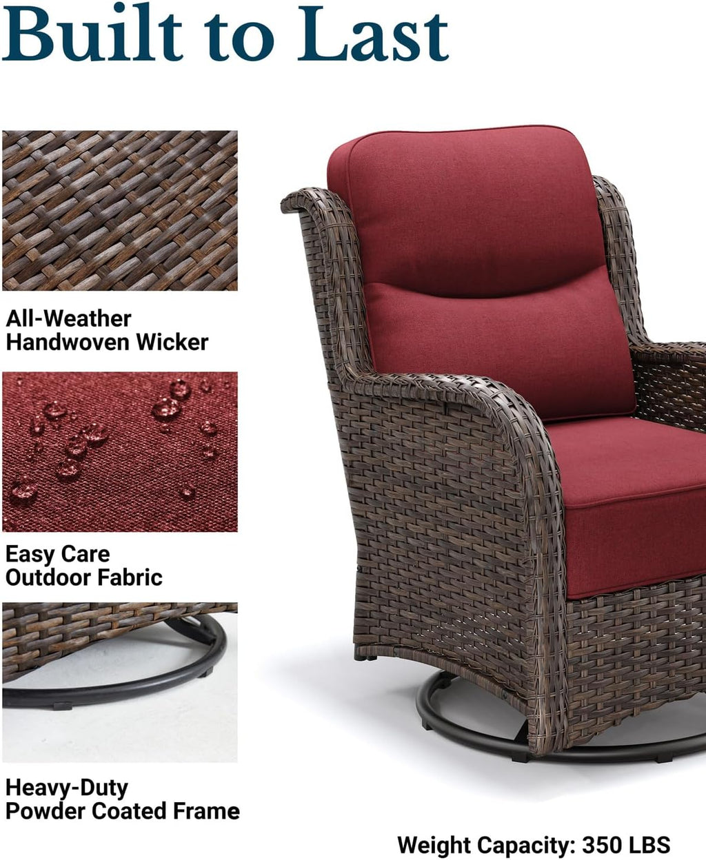 HILLGA Luxury Outdoor Swivel Rocker Patio Chairs of 2 with 6 Inch Thick Cushions and Side Table, Swivel Outdoor Chairs 5PCS High Back Wicker Patio Furniture Set for Porch, Balcony, Deck in Burgundy