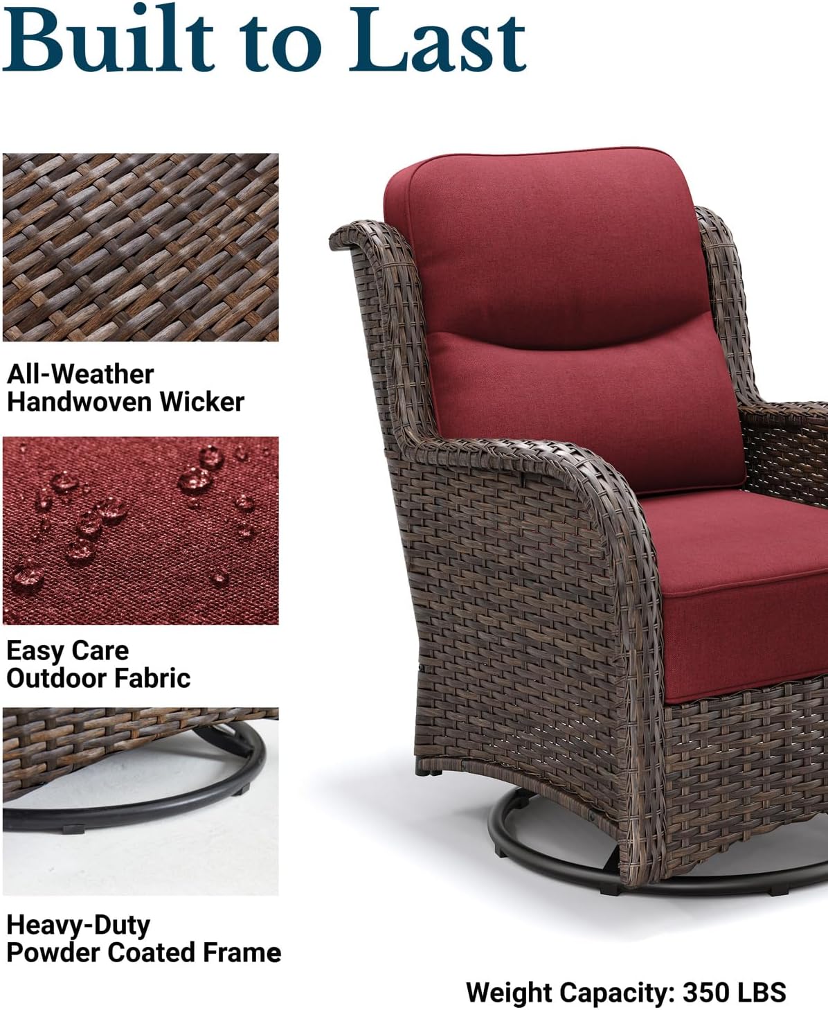 HILLGA Luxury Outdoor Swivel Rocker Patio Chairs of 2 with 6 Inch Thick Cushions and Side Table, Swivel Outdoor Chairs 5PCS High Back Wicker Patio Furniture Set for Porch, Balcony, Deck in Burgundy