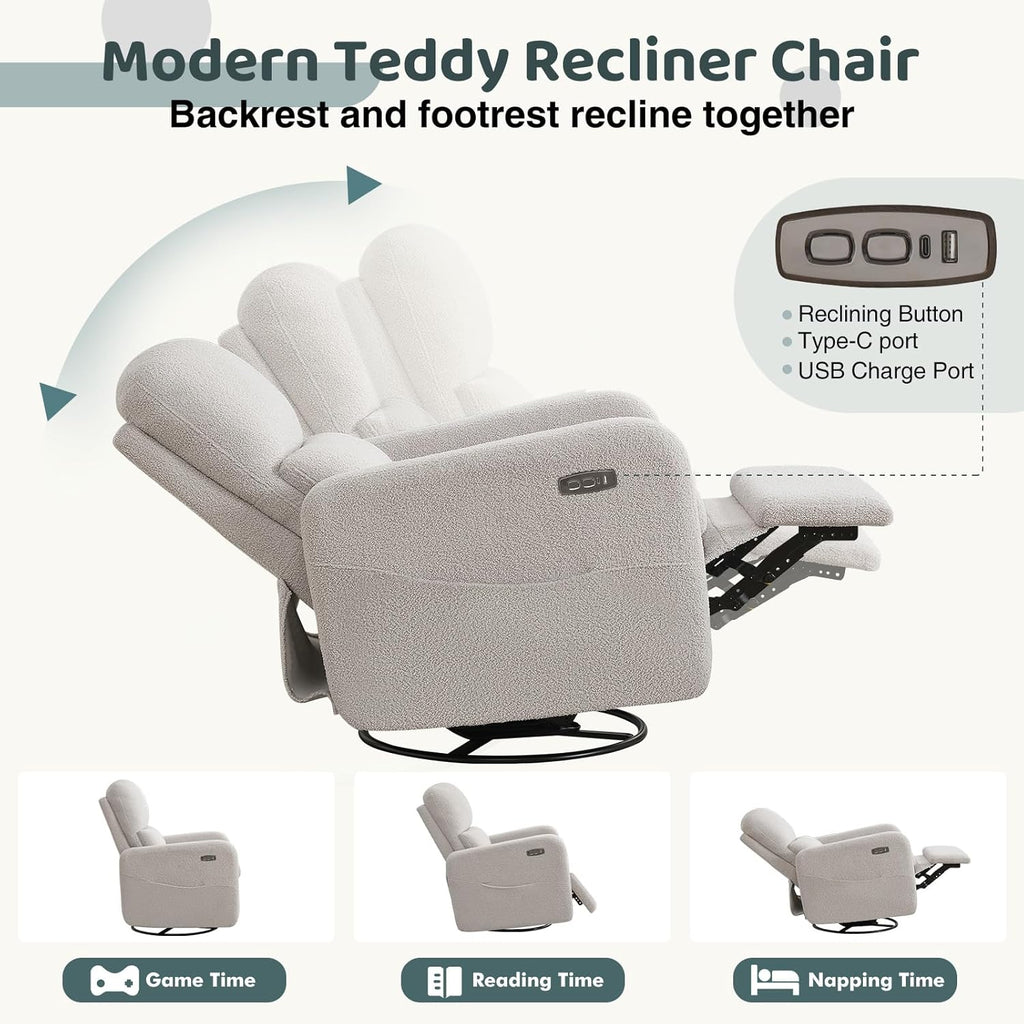 Swivel Rocker Recliner, Power Recliner Glider with Removable Cushion, Oversized Upholstered Boucle Swivel Reclining Nursery Chairs for Living Room Bedroom, Teddy Grey