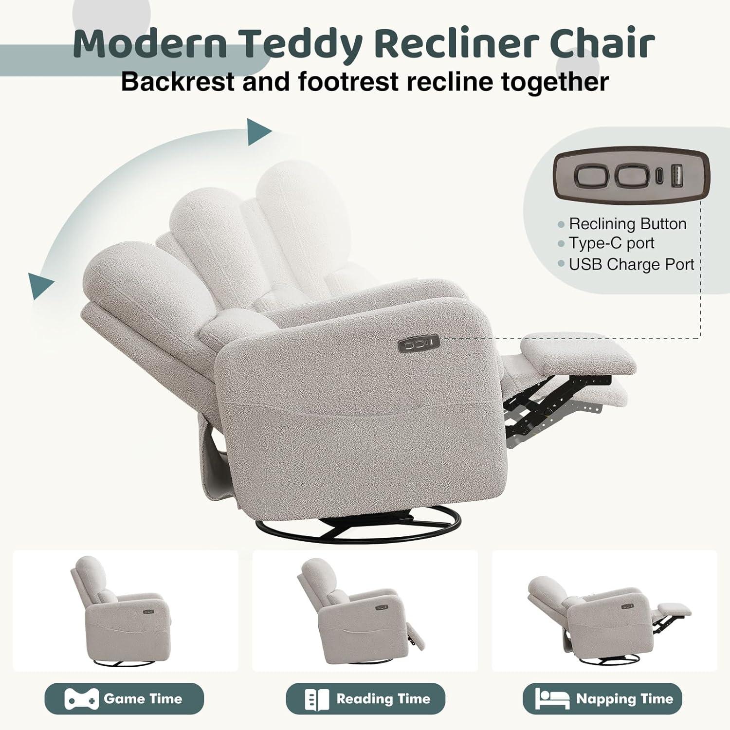 Swivel Rocker Recliner, Power Recliner Glider with Removable Cushion, Oversized Upholstered Boucle Swivel Reclining Nursery Chairs for Living Room Bedroom, Teddy Grey