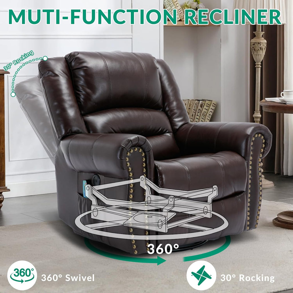 VIVIJASON Manual Rocker Recliner Chair, 360° Swivel Glider Rocking Chair with Heat & Vibration Massage, Faux Leather Reclining Chair with Remote Control, Side Pockets & USB Ports for Living Room