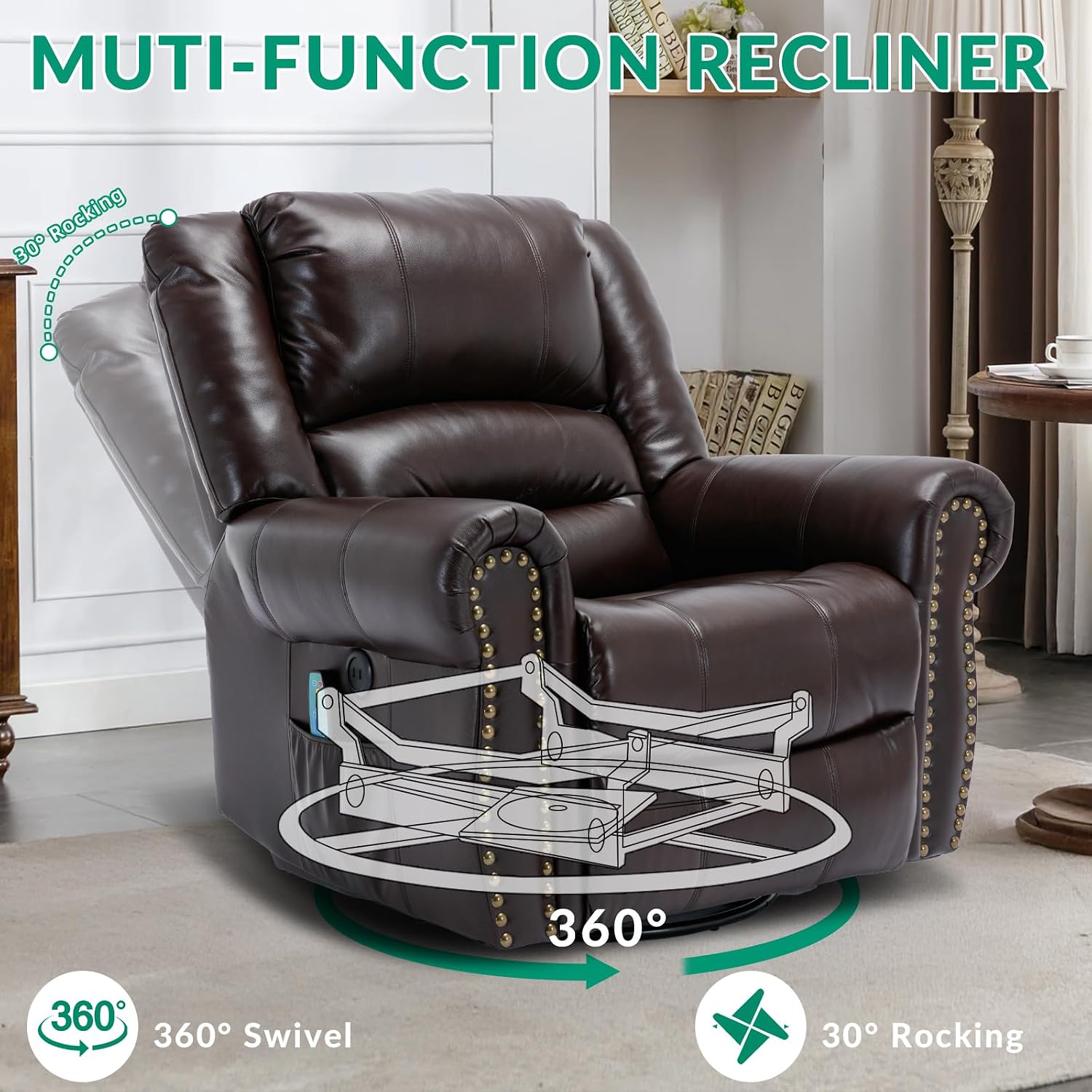 VIVIJASON Manual Rocker Recliner Chair, 360° Swivel Glider Rocking Chair with Heat & Vibration Massage, Faux Leather Reclining Chair with Remote Control, Side Pockets & USB Ports for Living Room