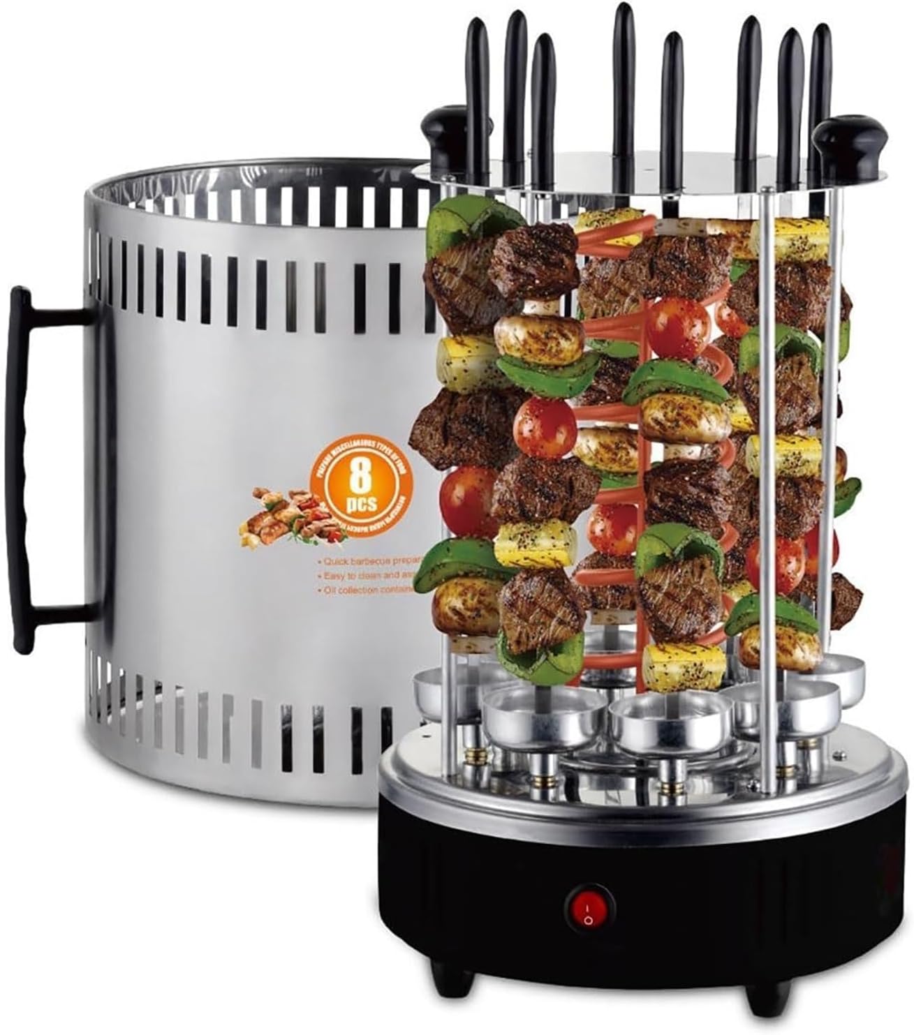Electric Vertical Rotisserie Grill, Smokeless BBQ Rotating Rotisserie with Timer, Automatic Grill for Kebabs, 8 Forks Included, Perfect for Outdoor Cooking and Family Gatherings