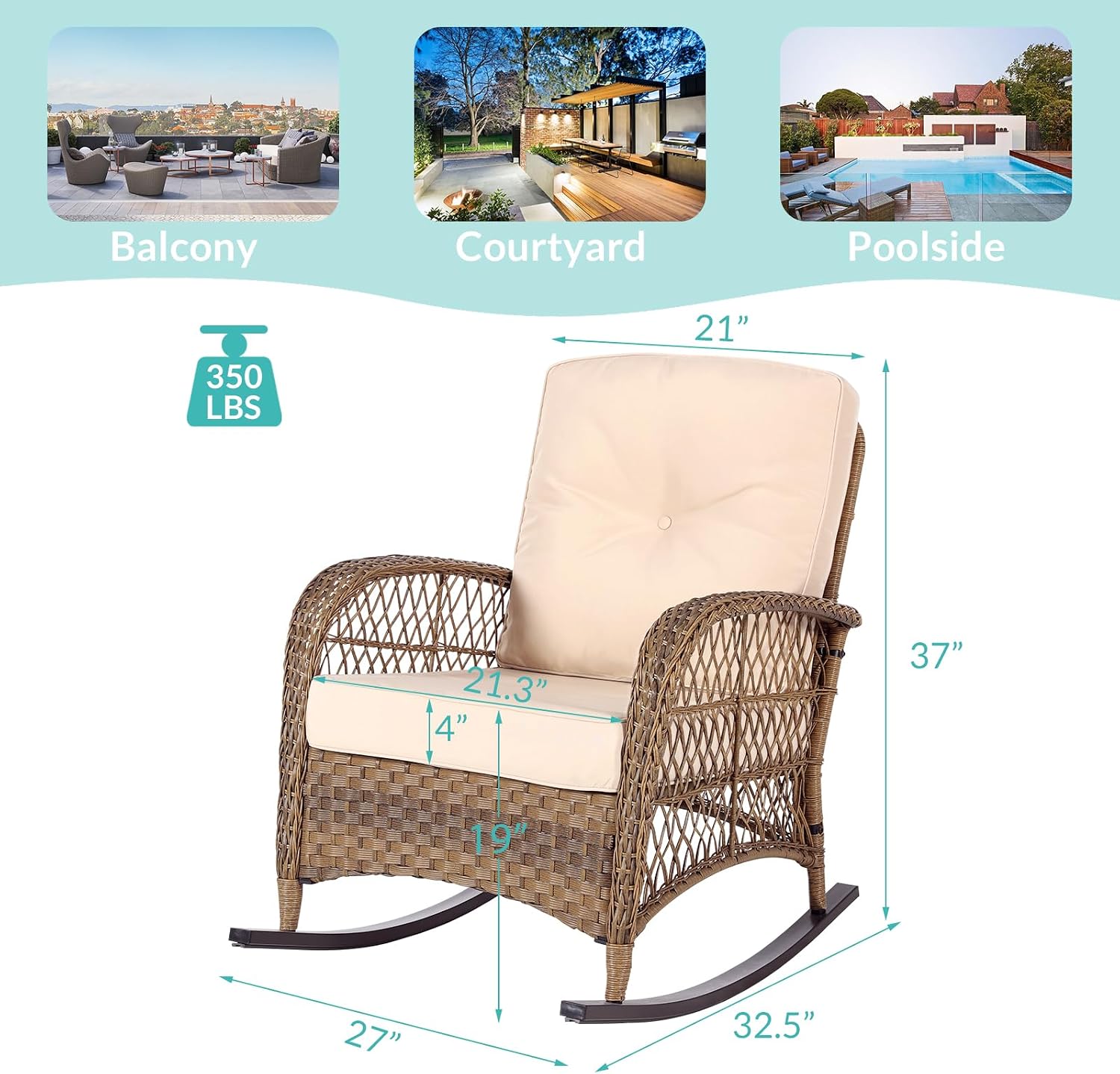 MEETWARM Outdoor Wicker Rocking Chair, Rattan Patio Rocker Chairs with Cushions and High Back, All-Weather Patio Wicker Chair with Safe Rocking Design for Garden Backyard Porch, Brown/Beige