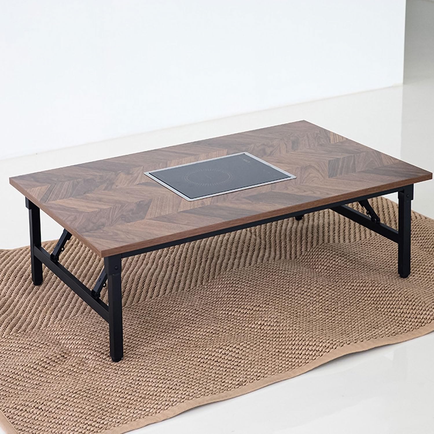 Folding Korean BBQ Table with Induction Cooktop – Herringbone Top – 47.2' x 29.5' x 12.6' – 220V, Touch Control, 1800W, 8 Heat Levels, DIY Assembly Table for Indoor Cooking