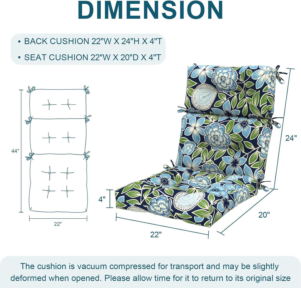 DYTXIII Outdoor High Back Chair Cushions Set of 2, Water Repellent Tufted Rocking Seat Cushions Replacement 44 x 22 Inch, Seat & Back Chair Pads for Patio, Balcony and Indoor Use -Azure Symphony‌