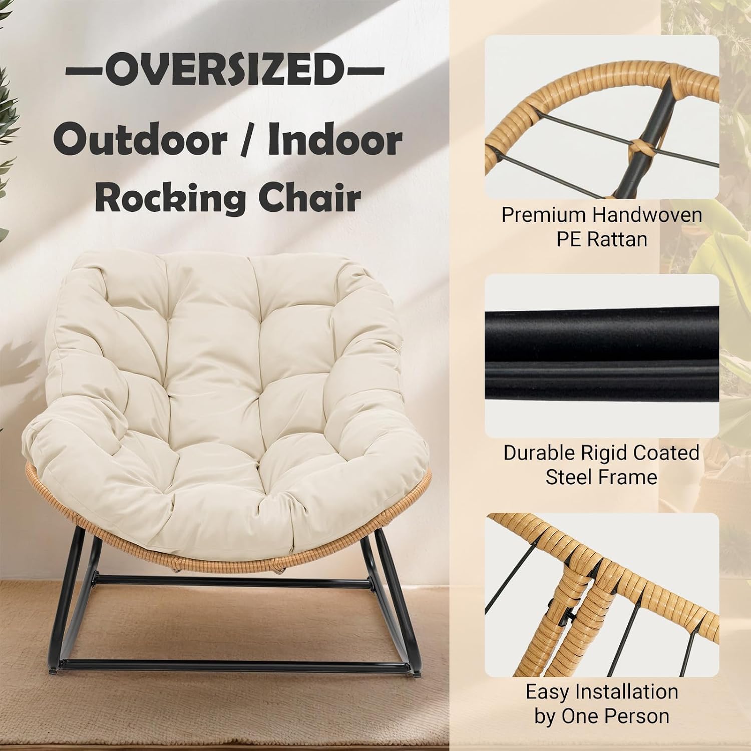 PROHIKER Outdoor Papasan Rocking Chair, Indoor Egg Rocking Chair with Thick Cushion, Oversized Wicker Rattan Patio Lounge Chairs for Backyard, Balcony, Living Room (Beige)