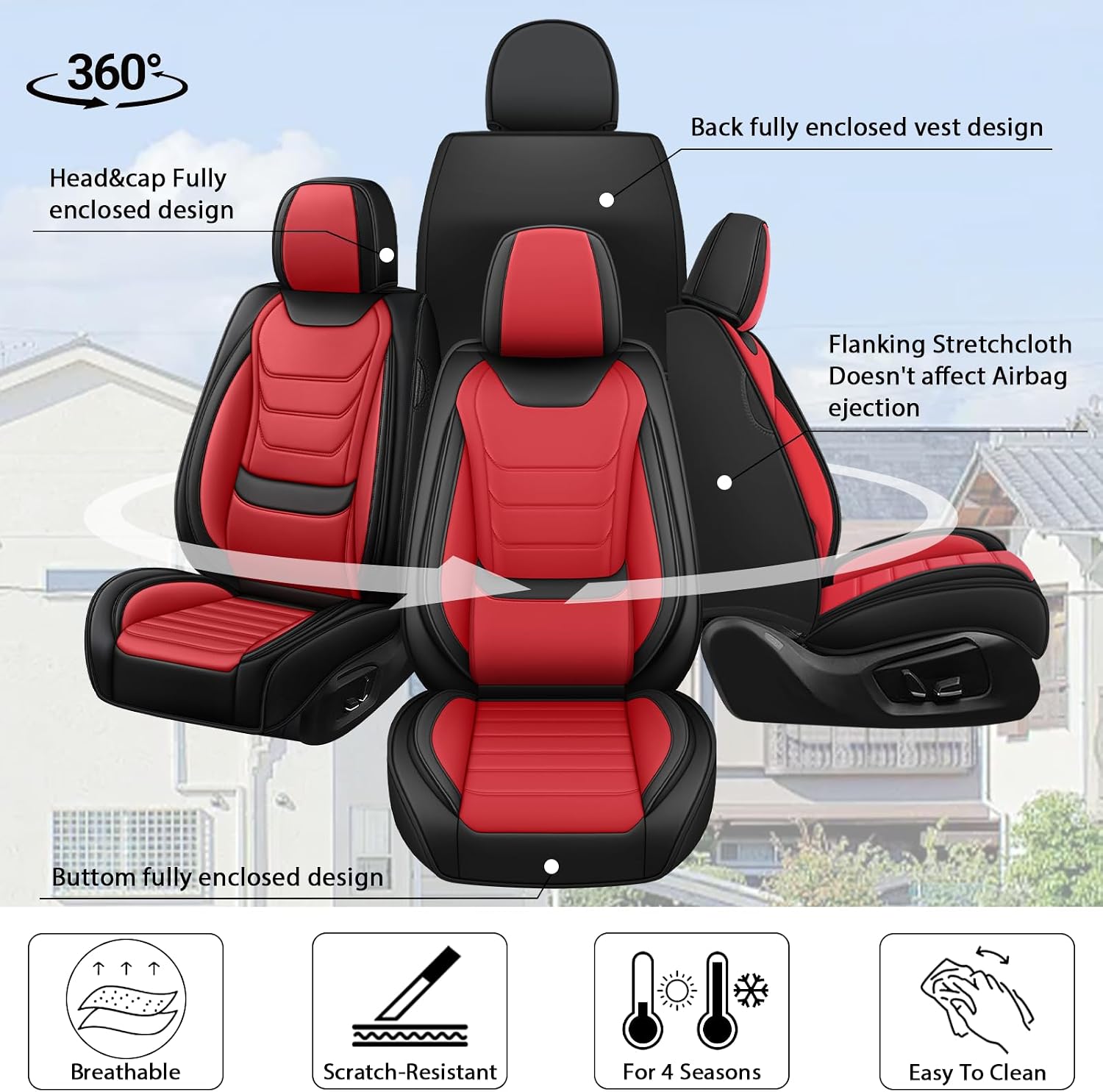 Fit for Chevrolet Silverado 1500 2000-2026 Custom Seat Covers, PU Leather Car Seat Covers, Full Coverage Protection, Thick Cushioning Seat Protectors(Standard Front Row/Black Red)