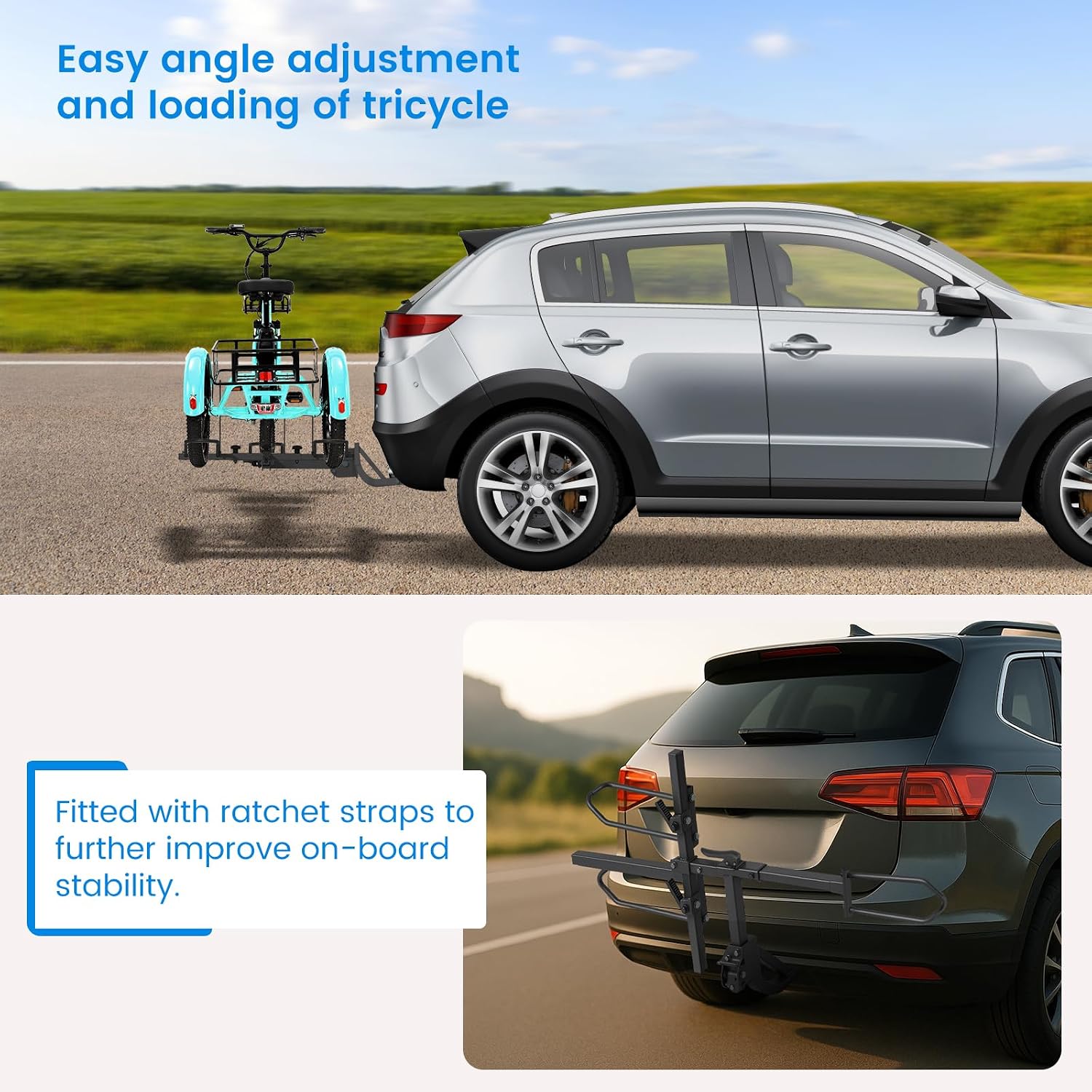 MOPHOTO Heavy-Duty Folding Trike Rack for Adult Tricycles, 170 lbs Hitch Mount Carrier, Fits 5' Fat Tires & 42.1'–59' Wheelbase, Rear Trike Rack with 2' Receiver for Cars, Trucks, SUVs, RVs