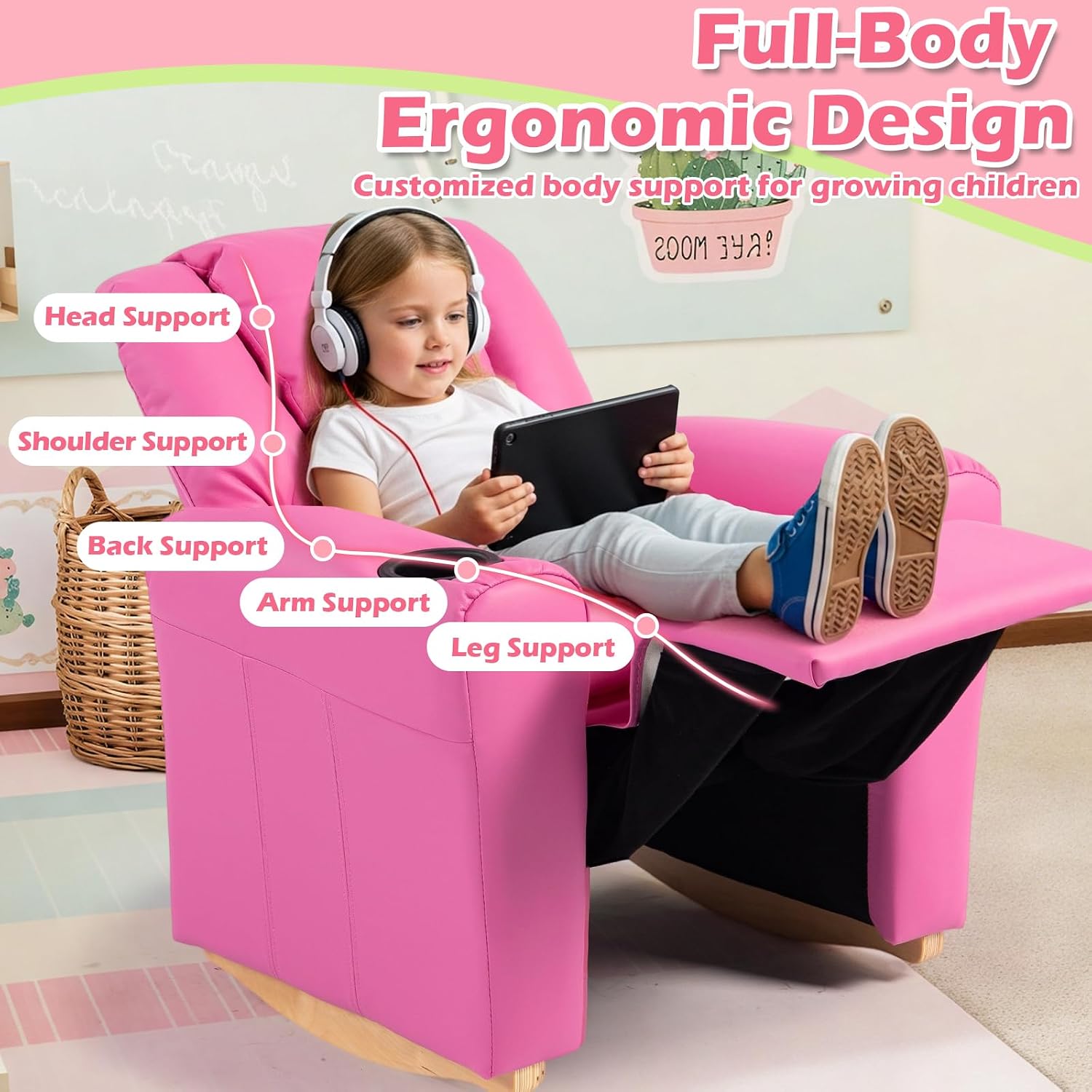 AVAWING Kids Recliner Chair with Cup Holder, Leather Toddler Recliner with Adjustable Backrest, Curved Rocking Legs and Comfy Armrests for Bedroom or Nursery, Pink