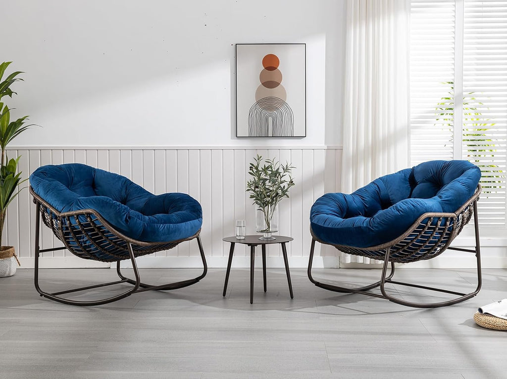 Outdoor Rocking Chair,Patio Oversized Rattan Egg Chair,Indoor Outside Padded Cushion Rocker Recliner Chair,Modern Lounge Chair for Front Porch,Garden,Backyard,Balcony,Deck,Navy Blue,Set of 1