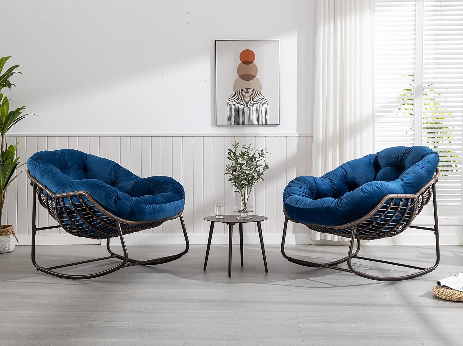 Outdoor Rocking Chair,Patio Oversized Rattan Egg Chair,Indoor Outside Padded Cushion Rocker Recliner Chair,Modern Lounge Chair for Front Porch,Garden,Backyard,Balcony,Deck,Navy Blue,Set of 1