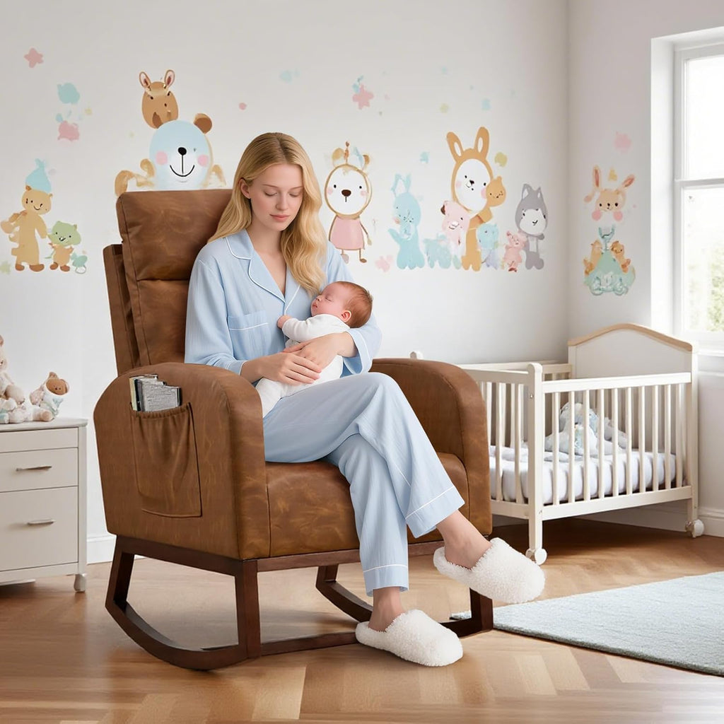 Nursery Rocking Chair, Comfy Modern Glider Rocking Chair with High Backrest and Armrest, Teddy Upholstered Rocking Accent Chair with Side Pockets for Living Room, Bedroom, Office,Brown