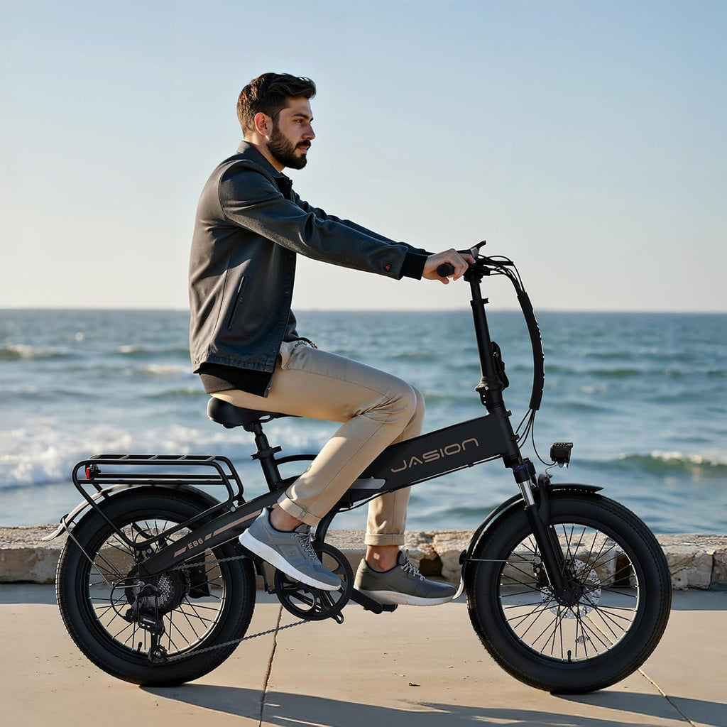 Jasion EBS Folding Electric Bike for Adults, Compact Portable 20' Fat Tire Ebike with 1200W Peak Motor, 48V Removable Battery, 25 MPH 50 Miles Aluminum Frame E-Bike Suitable for Trunk, RV, Apartment
