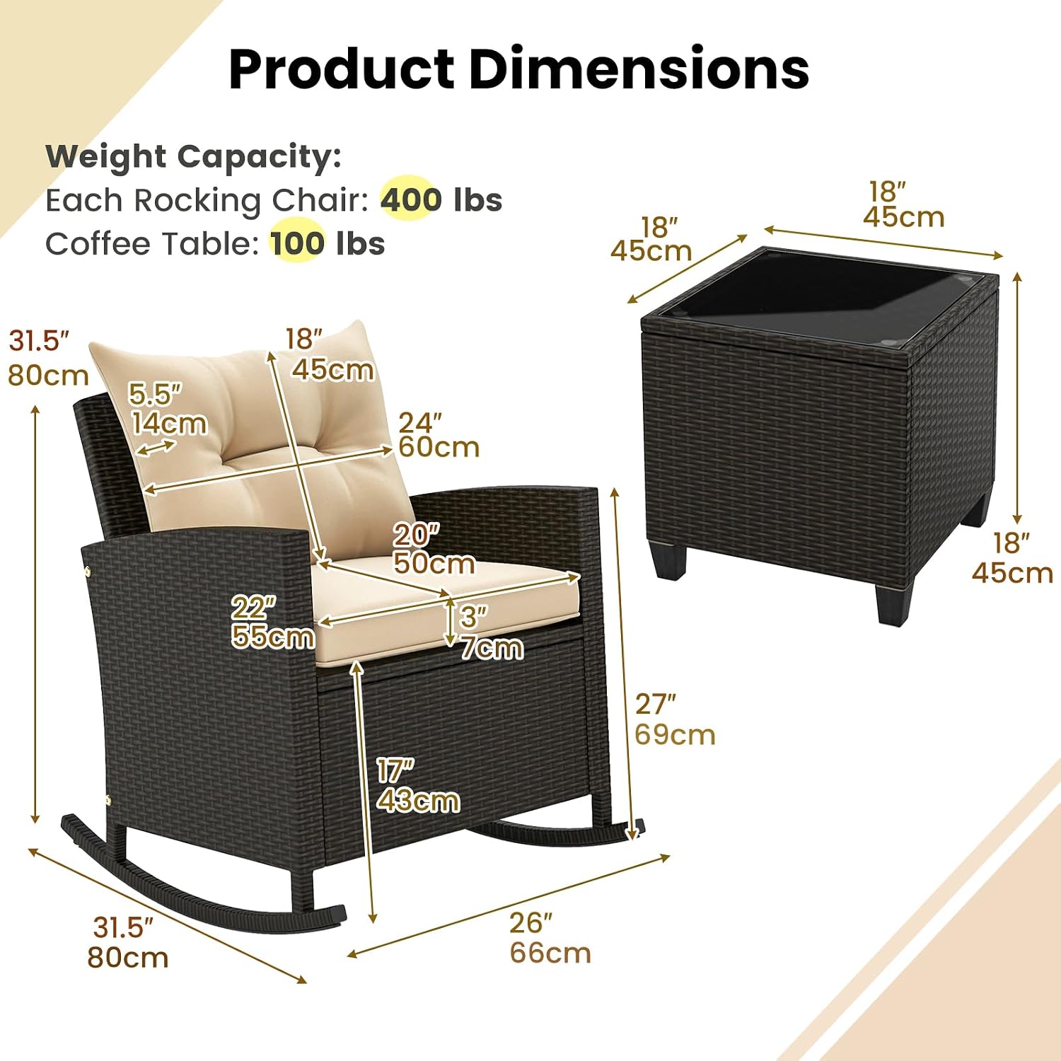 ORALNER 3 Pieces Patio Furniture Set, Outdoor Wicker Rocking Chairs with Soft Cushions, Glass Coffee Table, Rattan Conversation Bistro Set for Front Porch Balcony Garden Deck Poolside (Beige)