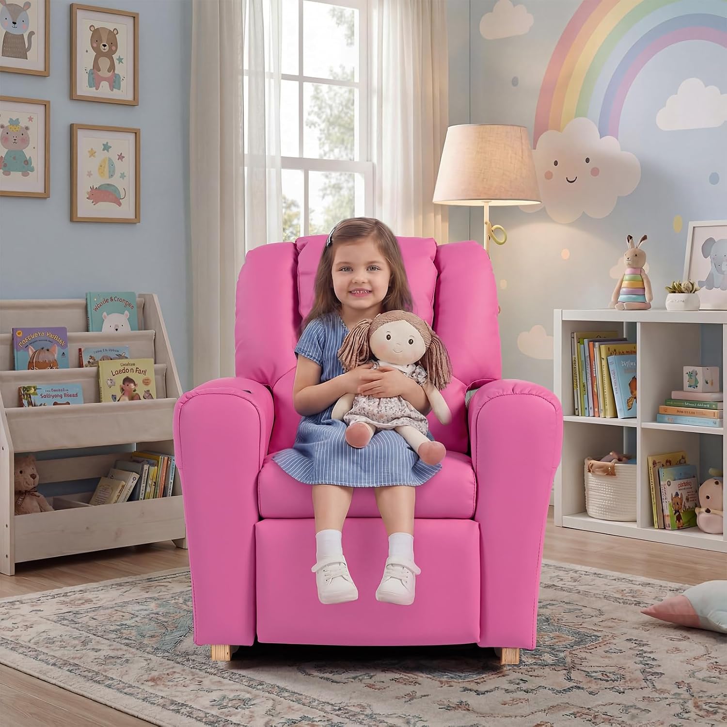 AVAWING Kids Recliner Chair with Cup Holder, Leather Toddler Recliner with Adjustable Backrest, Curved Rocking Legs and Comfy Armrests for Bedroom or Nursery, Pink