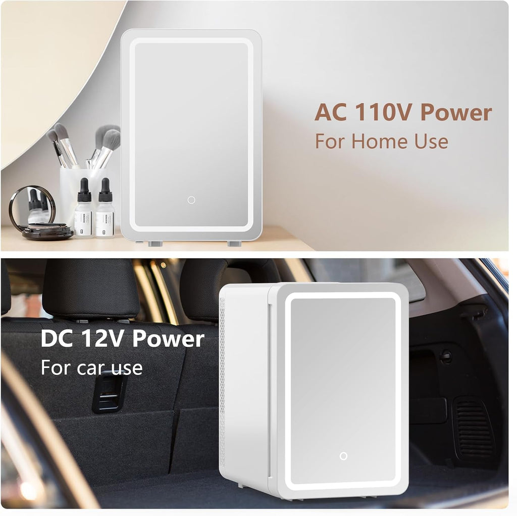 advwin 20L Mini Skincare Fridge with Dimmable LED Light Mirror, Makeup Fridge for Cooler & Warmer, Cosmetics, Beauty, Food & Drinks, Portable Small Refrigerator for Bedroom, Office, Dorm (20L white)