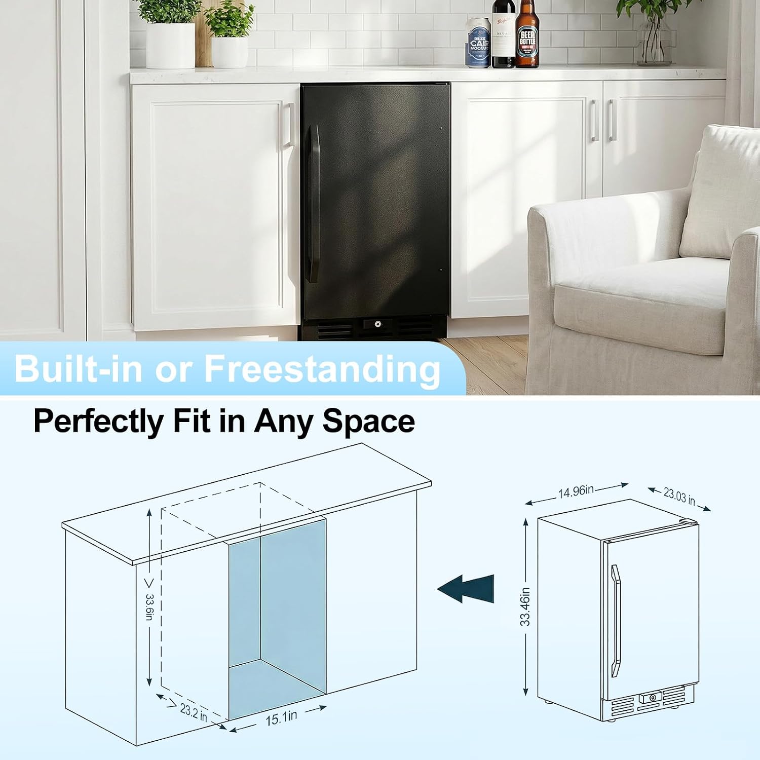 15 Inch Beverage Cooler, 127-Can Stainless Steel Drink Refrigerator with Reversible Door, Built-in or Freestanding Mini Fridge with Blue LED Light, Lock and Key for Indoor Outdoor Use, Black
