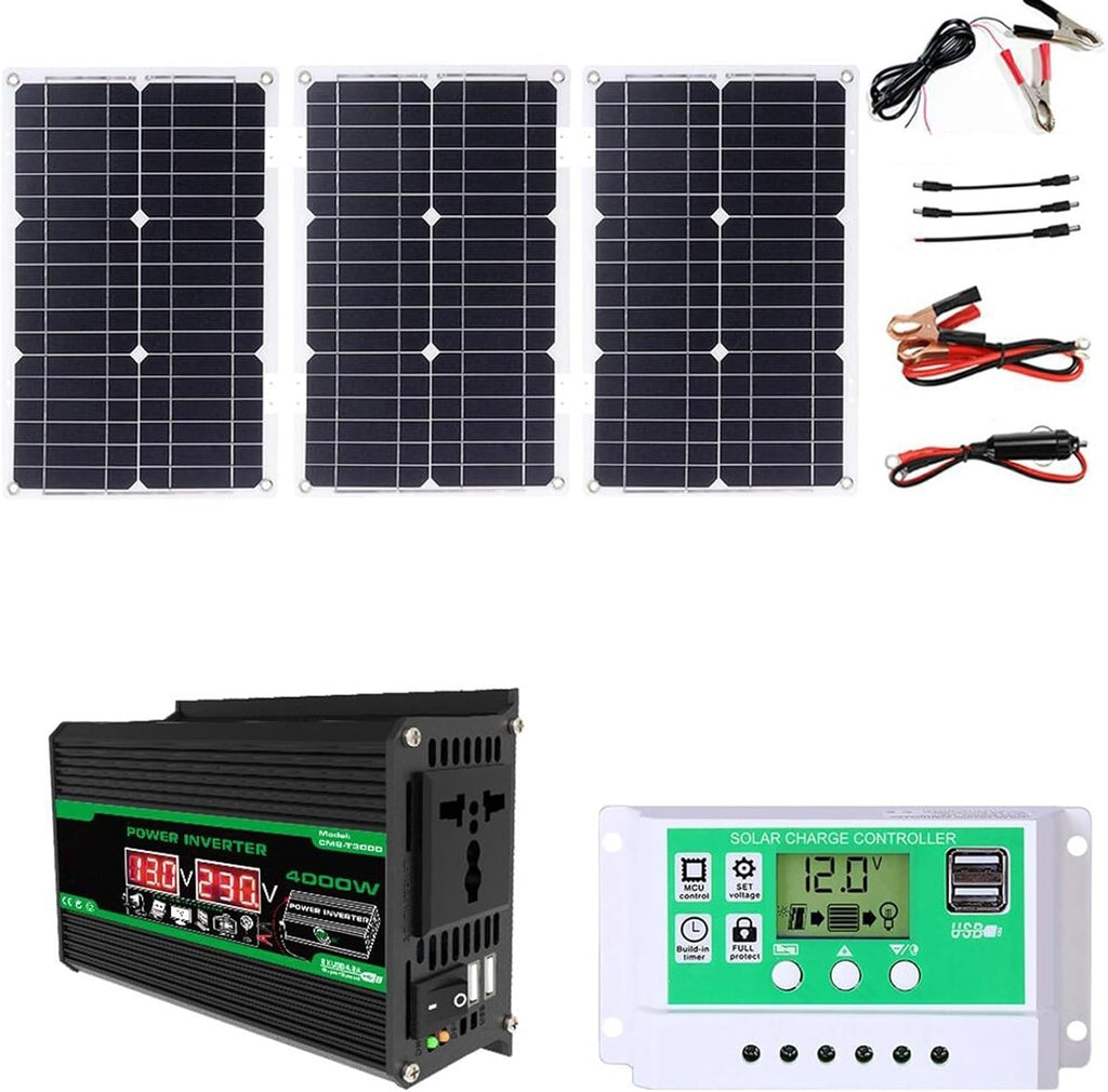 4000W Solar Inverter Kit 12V to 110V/220V with 75W Foldable Solar Panel & 50A Controller - Portable Solar Generator for Home & Car Use (Black, 12V to 110V)
