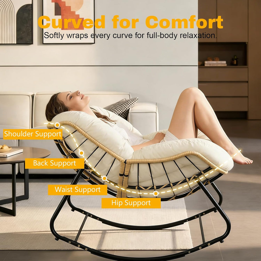 Outdoor Egg Rocking Chair, Patio Rocker Chair with Thick Cushion, Comfy Wicker Reading Lounge Chair Indoor Cozy Rocking Chairs for Patio, Balcony, Porch (Fabric, White, Modern)