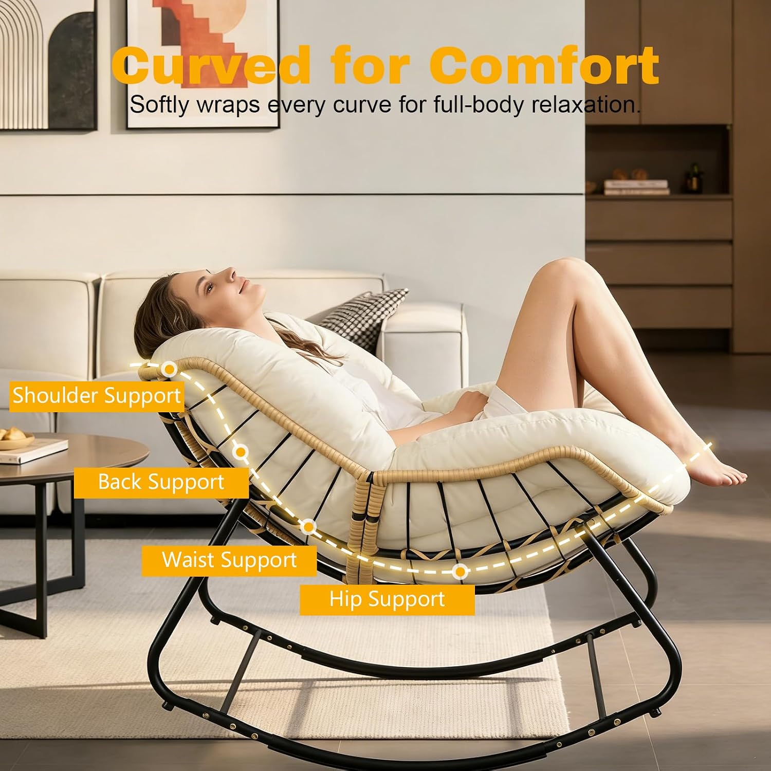 Outdoor Egg Rocking Chair, Patio Rocker Chair with Thick Cushion, Comfy Wicker Reading Lounge Chair Indoor Cozy Rocking Chairs for Patio, Balcony, Porch (Fabric, White, Modern)