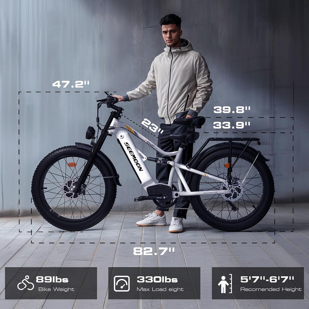 Seemoon Electric Bike for Adults, 52V 20Ah 26' Fat Tire Fast Ebike, up to 100 Miles, Hydraulic Brakes, Off-Road Mountain Hunting AWD Ebike for Men (White&Orange)