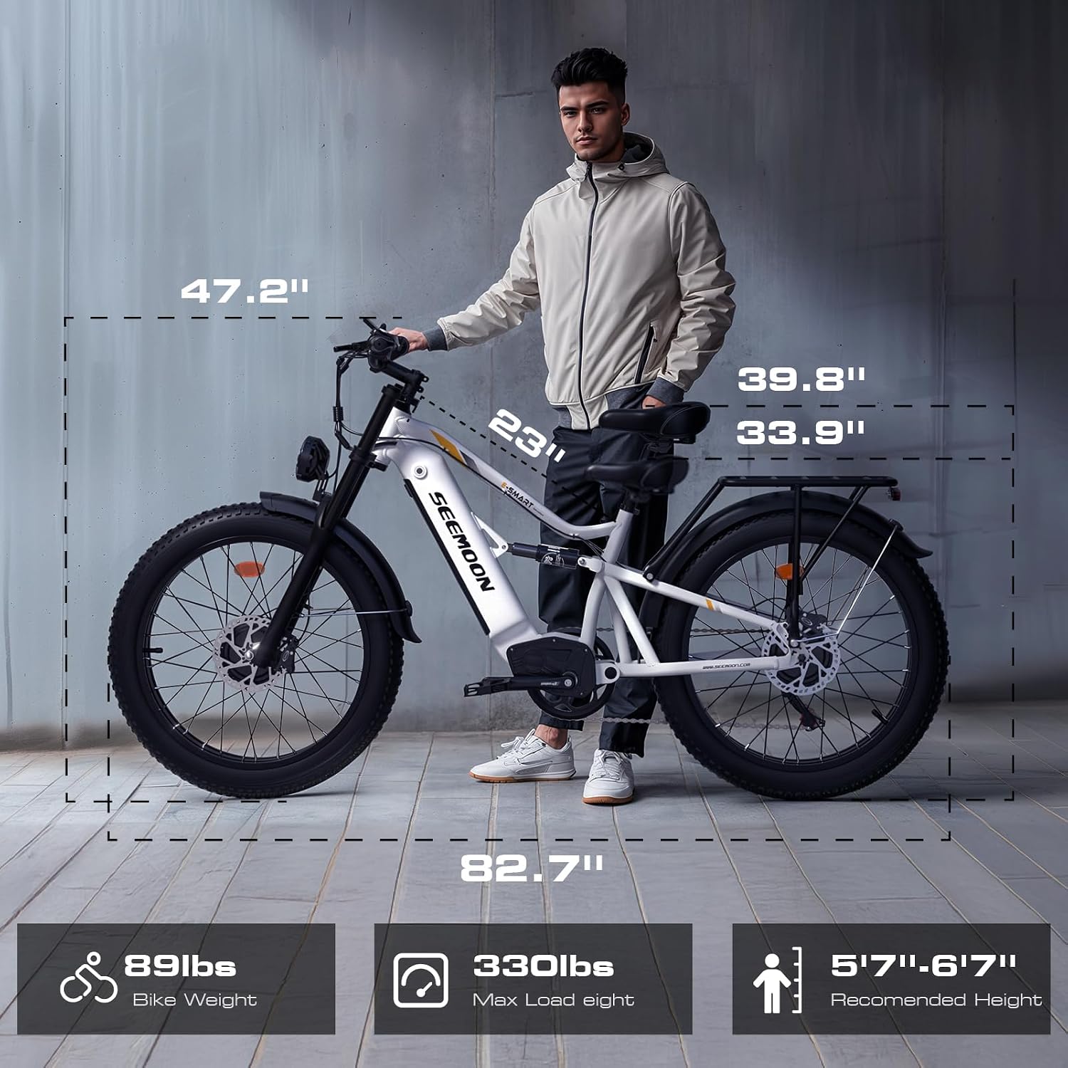 Seemoon Electric Bike for Adults, 52V 20Ah 26' Fat Tire Fast Ebike, up to 100 Miles, Hydraulic Brakes, Off-Road Mountain Hunting AWD Ebike for Men (White&Orange)