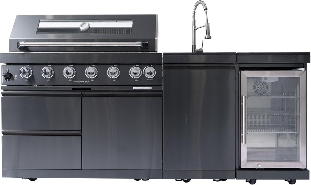 82' Natural Gas Outdoor Kitchen Island - 43-Inch 6-Burner 85,000 BTU Deluxe Stainless Steel Grill Wine Cooler Compact Refrigerator Rotisserie Granite Countertops/Sink,Black