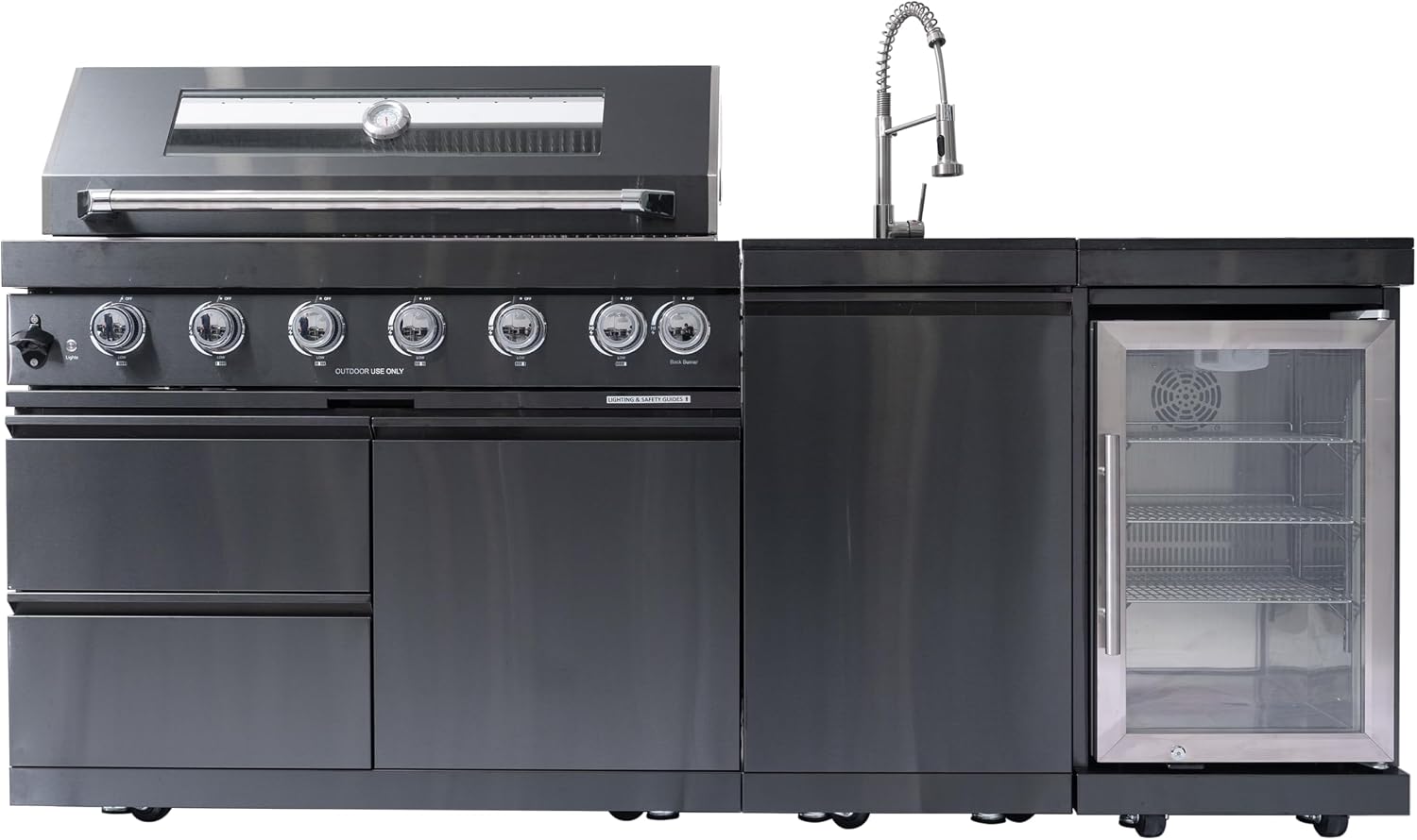 82' Natural Gas Outdoor Kitchen Island - 43-Inch 6-Burner 85,000 BTU Deluxe Stainless Steel Grill Wine Cooler Compact Refrigerator Rotisserie Granite Countertops/Sink,Black