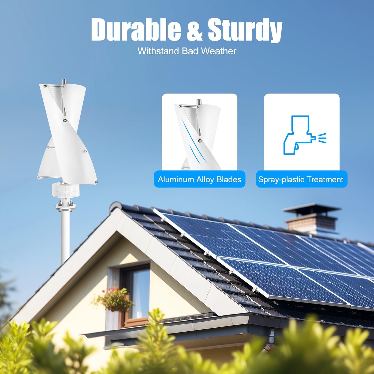 Vertical Axis Windmill Turbine Generator, 100W 12V Wind Turbine, 2 Blades Aluminum Alloy Permanent DN25 Flange IP67 Protection Magnet Generator Electromagnetism Controller, White