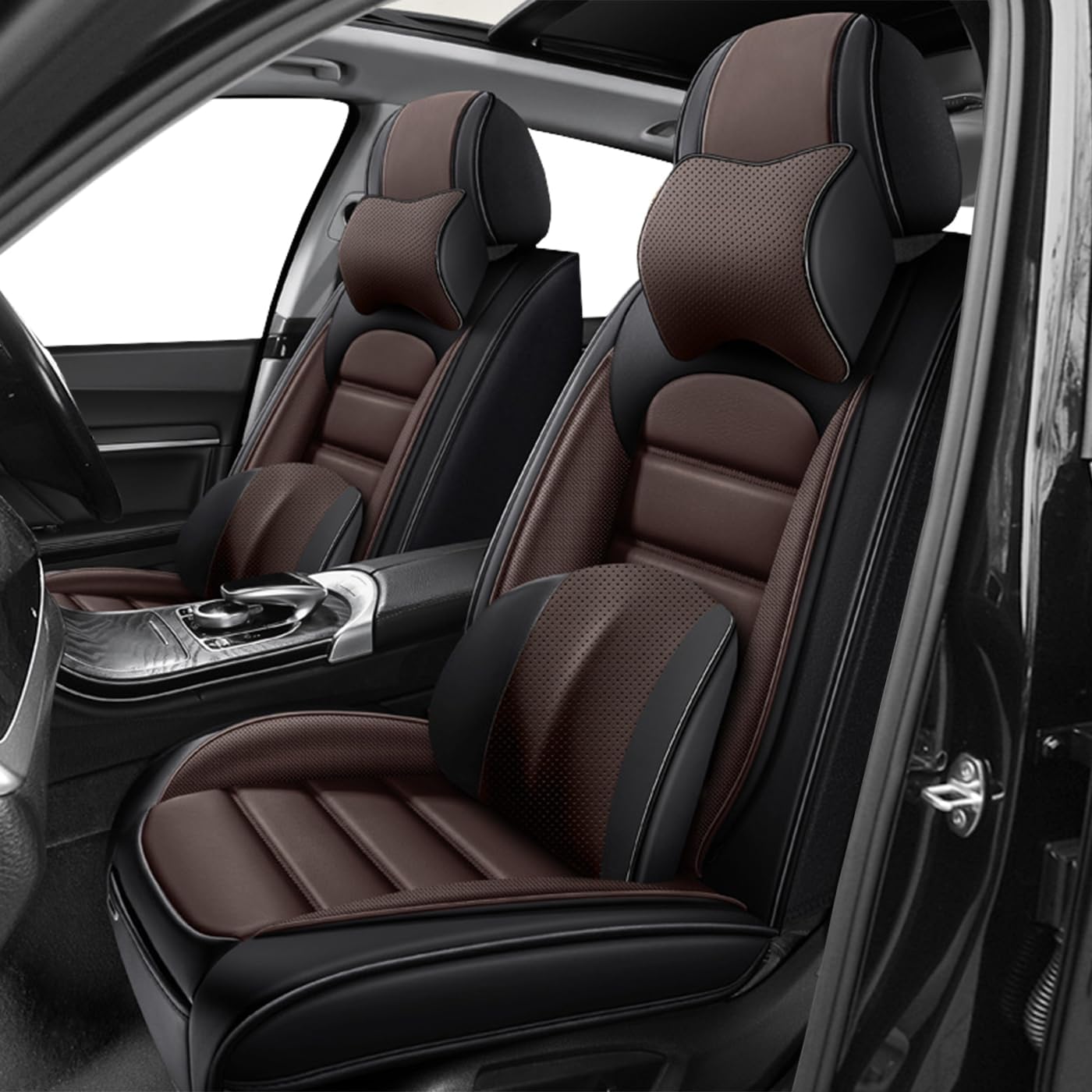Car Seat Covers for CRV,for Honda CRV 2007-2024 2025,Waterproof Leather Seat Covers,Compatible Airbag,Front Set Comfort Car Seat Protectors for Most Cars(Pillows,Black&Coffee)