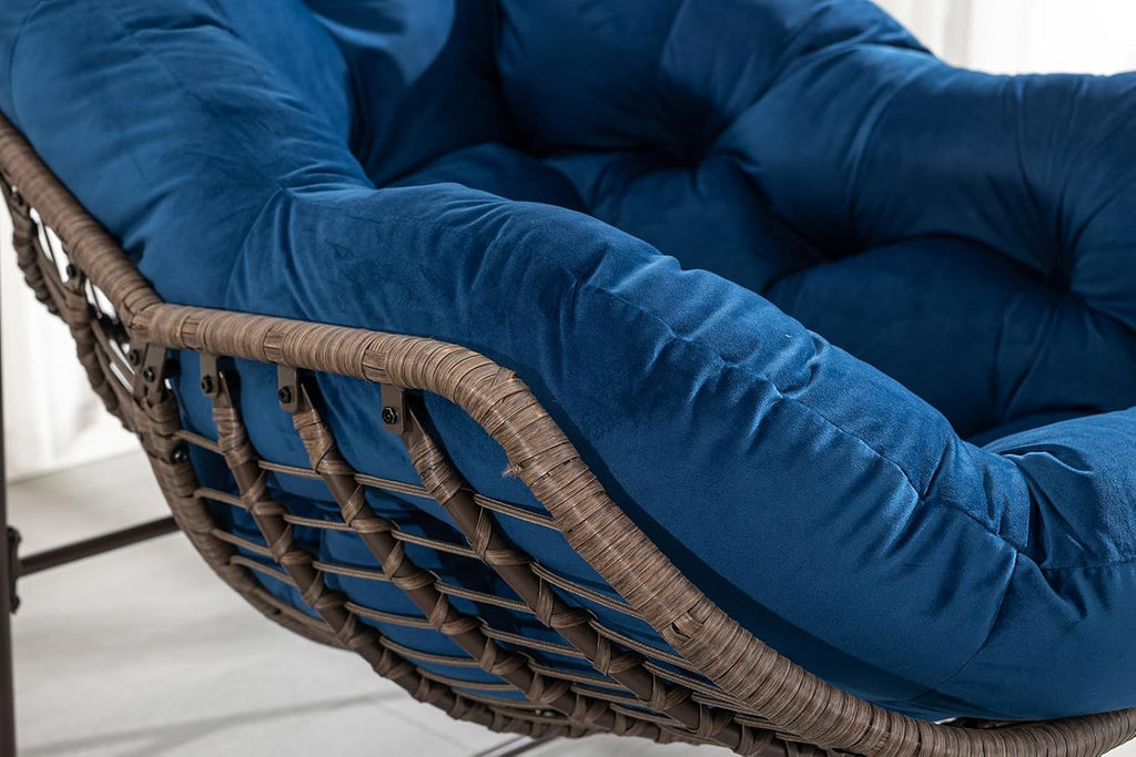 Deolme Large Papasan Rocking Chair with Cushion, Oversized Comfy Reading Chair Lounging Indoor Outdoor Rocker for Front Porch Backyard Bedroom Living Room Egg Chair Rattan (Blue Padded)