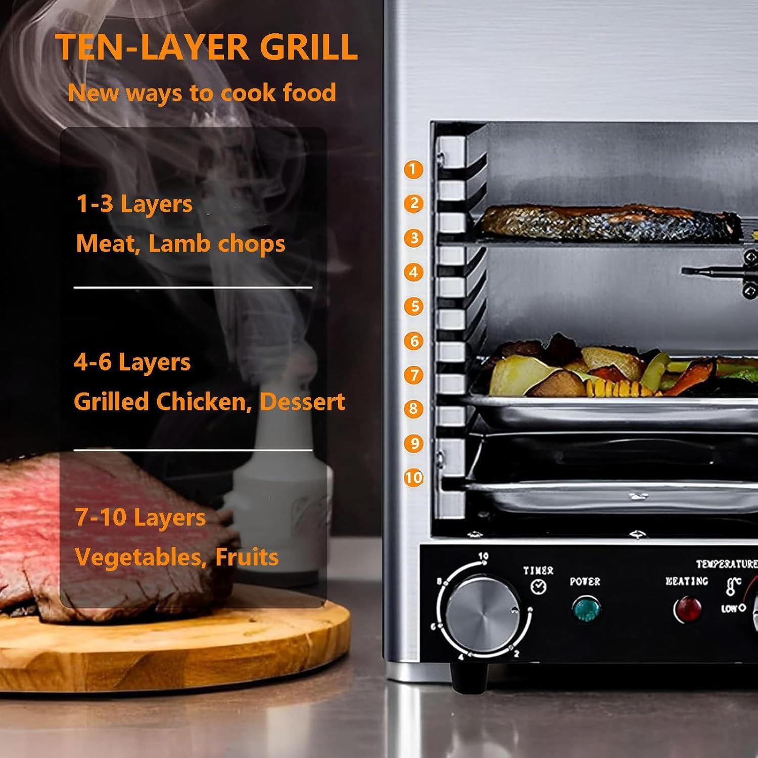 Electric Steak Cooker Teppanyaki Grill, Electric Steak Grill with 10 Level Design, Countertop Barbecue Grill Pan for Family Gatherings, Constant Temperature 800℃