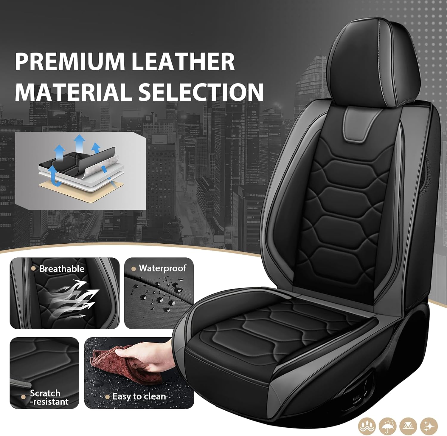 Car Seat Covers Full Set for Honda Civic 2000-2025,Durable Waterproof Luxury Universal,Easy to Install Napa Leather Cover Set for Cars,Full Seats,Black Gray